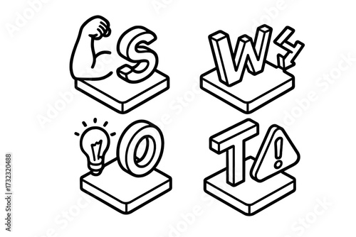 SWOT analysis method isometric icon set. Strengths, weaknesses, opportunities, threats. Business strategy tool for strategic planning, marketing, management vector icons.