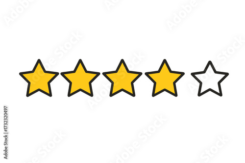 Four-star rating for customer satisfaction. Quality feedback icon for product review. Rank and level of satisfaction concept. Four out of five stars for evaluation and survey.