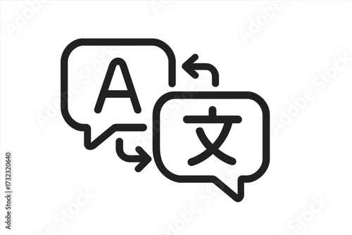 Language translation icon. Chat bubbles for multilingual communication concept. Vector line art for a translator app, dictionary service, or foreign language localization logo.