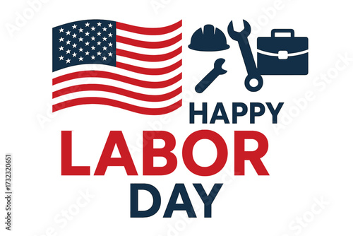 USA Labor Day holiday banner. Happy Labor Day greeting card with American flag. Vector design with work tools, construction helmet, and job symbol. Patriotic celebration.