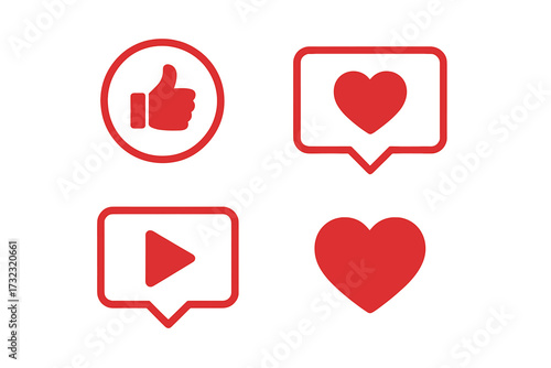 Set of social media engagement icons. Red vector like, heart, and play buttons for live stream video and chat notifications. Thumbs up and love symbols for web UI design.