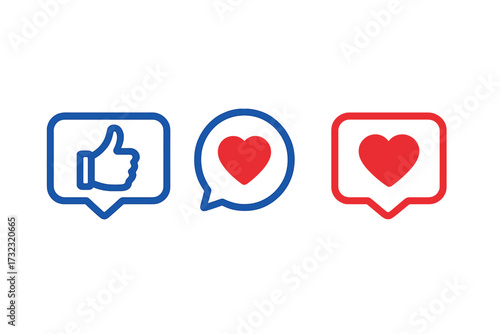 Like and Heart icon set. Social media notification symbol. Live stream video chat likes element. Thumbs up sign. Social network communication. Red heart web button isolated. Vector.