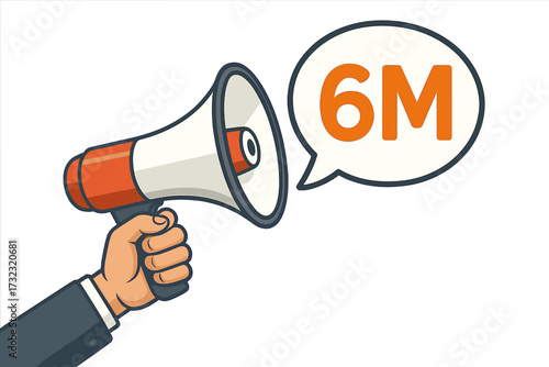 Hand holding megaphone with 6 million followers speech bubble. Social media success, influencer milestone. Loudspeaker for business promotion, marketing, and advertising banner.
