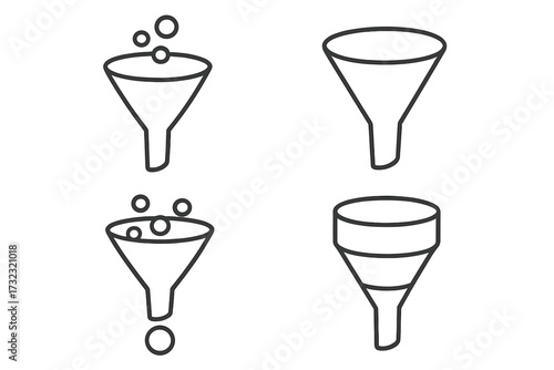 Sales funnel and filter line icon set for business and marketing. Vector collection of conversion, lead generation, and data processing symbols. Editable stroke for web design.
