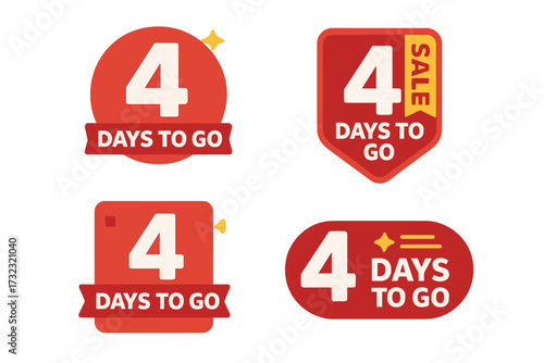 Number 4 of days to go badge collection. Sale promotion countdown timer for marketing and advertising. Four days left sticker set for landing page banners. Vector design.
