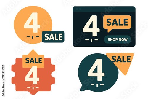 Set of sale countdown badges with number 4. Four days to go timer for promotion. Vector banner, sticker and icon collection for landing page. Limited offer e-commerce graphic.