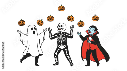 Spooky Squad: A playful trio of Halloween figures, with a ghost, skeleton and vampire, joyfully juggle grinning jack-o'-lanterns against a lively backdrop of festive decorations.