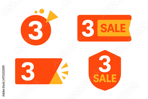 Number 3 days to go sale countdown. Collection of badges for promotional banner and landing page. Timer sticker set for last minute offer. Vector illustration.
