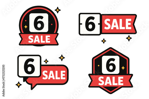 Number 6 days to go sale countdown. Collection of promotional badges for landing page banner. Last chance limited time offer sticker set for marketing advertising. Vector.