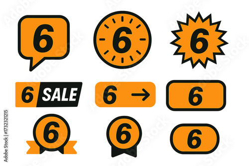 Set of number 6 days left stickers. Countdown badges for promotional sale banner. Limited offer, last minute deal icon. 6 hours to go clock timer. Final day promotion vector.
