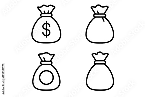 Money bag line icon set. Vector outline illustration of a cash sack with dollar sign and coin. Editable stroke. Finance, banking, investment, profit, wealth, savings concept.