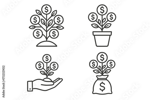 Money tree line icon set. Financial growth, investment, and wealth concept. Vector icons of a plant with dollar coins for business profit, savings, and revenue ideas.