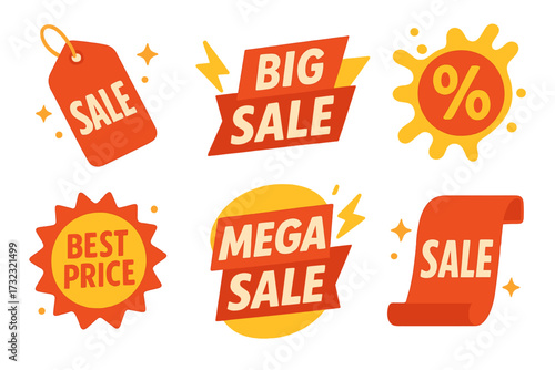 Sale tags vector set. Big sale, best price, mega sale banners collection. Special offer and discount sticker icon for retail promotion. Shopping labels and coupon badges.