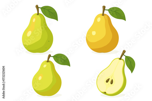 Pear fruit vector illustration set. Collection of fresh green and yellow pears. Whole fruit and half slice with seeds. Healthy organic food for vegetarian diet. Juicy summer fruit.