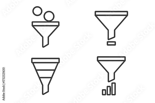 Sales funnel marketing icon set. Lead generation, data filtering, and conversion analysis process. Vector line icons for infographics, business presentations, and websites.