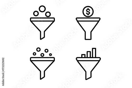 Sales funnel vector icon set. Lead generation, conversion rate optimization, data filtering concepts. Marketing pipeline, business process, and monetization strategy line icons.