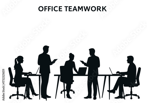 Silhouetted figures collaborate at a table with laptops beneath OFFICE TEAMWORK text