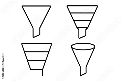 Sales funnel vector icon set for marketing conversion process. Lead generation pipeline diagram. Business strategy with stages. Data filtering analysis concept. Infographics element.