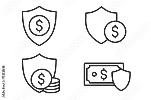 Money protection shield line icon set. Financial security, secure payment, and safe investment concept. Bank deposit insurance guarantee. Outline vector cash defense symbols.