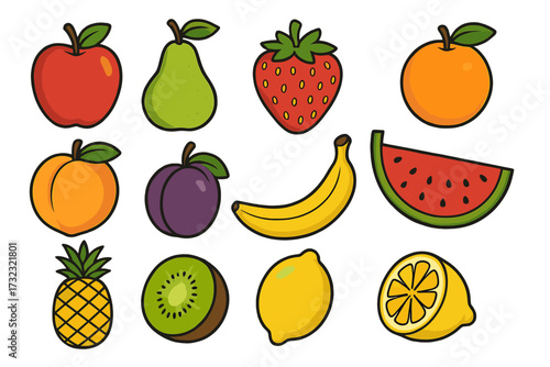 Colorful cartoon fruit icon set. Vector illustration of fresh healthy food. Includes apple, pear, strawberry, orange, peach, plum, banana, watermelon, pineapple, kiwi, lemon.