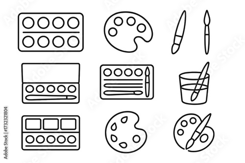 Art supplies line icon set. Watercolor paint palette, brush, artist tools. Minimal linear pictogram collection for web design, app, banner. Editable stroke vector illustration.