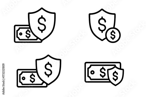 Money protection icon set. Financial security and insurance concept. Secure payment and investment safety symbol. Dollar shield for savings guarantee and safe transaction.