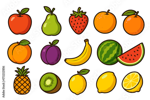 Big set of fresh fruits icons. Cartoon vector collection of apple, pear, strawberry, orange, peach, plum, banana, watermelon, pineapple, kiwi, lemon for healthy eating.