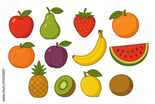 Cartoon fruit and berries vector icon set. Fresh healthy food collection. Apple, pear, strawberry, orange, peach, plum, banana, watermelon, pineapple, kiwi, lemon.