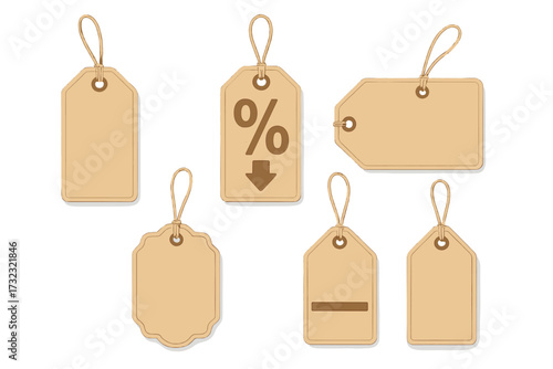 Set of vector paper sale tags and labels for shopping. Blank cardboard discount and price tag templates with string. Special offer promotion concept. Vintage retro style illustration.