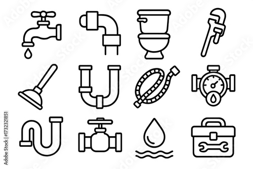 Plumbing service line icon set. Plumber tools and equipment outline icons. Faucet, pipe, toilet, wrench, plunger vector illustration. Editable stroke for web and print.