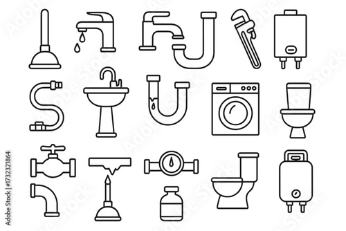 Plumbing line icon set. Plumber service and repair tools. Bathroom, kitchen, sanitary engineering symbols. Water pipe, faucet, toilet, sink, drain, boiler, valve vector icons.