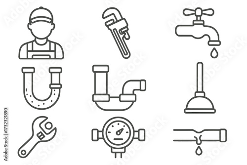 Plumbing service outline icon set. Plumber tools, pipe repair, water leak, faucet, wrench and pressure meter symbols. Vector signs for sanitary engineering and maintenance.