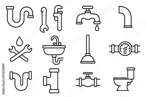 Plumbing service outline icon set. Vector collection of pipeline and sanitary symbols. Pipe, wrench, faucet, sink, toilet, plunger, valve. Editable stroke line art for repair.