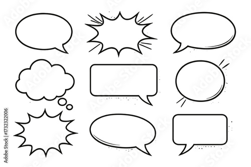 Big set of different speech bubbles. Blank retro empty comic bubbles and elements. Vector pop art illustration. Dialog balloon, chat box, and thought bubble for communication.