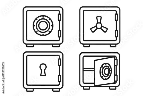 Safe deposit box outline icon collection. Vector linear symbols for finance and security. Set of bank vault icons with combination lock, keyhole, and open door. Editable stroke.