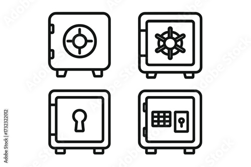 Safe deposit box outline icon set. Collection of vector strongbox symbols. Finance, banking, and security concepts. Includes digital keypad, keyhole, and dial lock. Editable stroke.