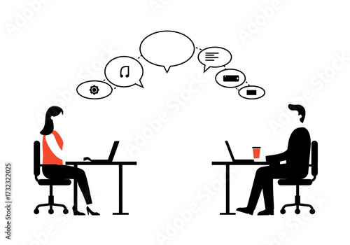 Two figures work at laptops connected by thought bubbles with icons