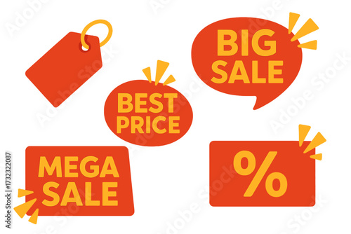 Sale tags and special offer badges collection with big sale, mega sale, best price, discount, coupon, store shopping stickers, vibrant sale banners vector illustration