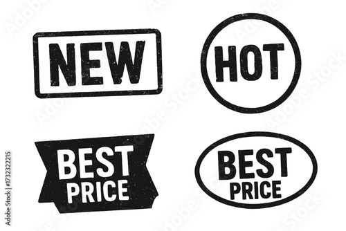Set of grunge stamps and badges. New label, hot sale, and best price tags. Vector rubber stamp icon collection for shopping, special offer, promotion, and advertising.