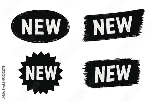 New label grunge stamp set. Distressed chalk texture badge. Hand-drawn brush stroke banner for promotion. Special offer sticker. Vector shopping and retail design element.