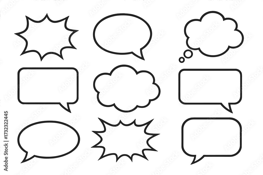Obraz premium Vector set of simple black and white comic speech bubbles. Pop art style talk and thought bubbles for dialogue. Cartoon message and chat icon. Shout and explosion shapes.