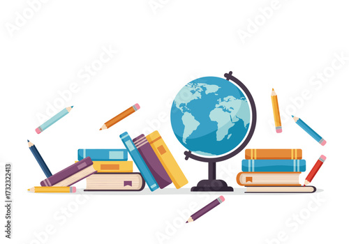 A globe sits next to stacks of books with pencils scattered around them