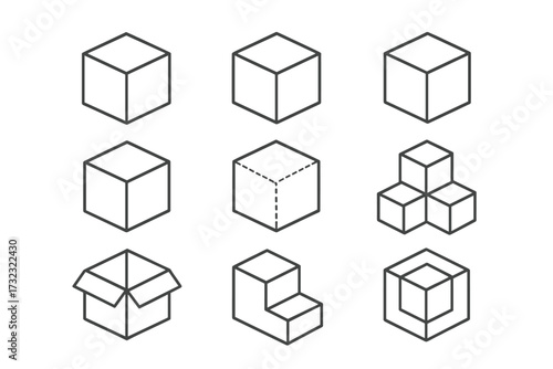 Cube line icon set. Isometric 3D box and block collection. Geometric shape outline symbols. Open package, stacked cubes, and abstract forms. Editable stroke vector illustration.