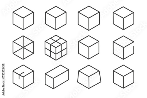Isometric cube and box outline icon collection. Minimal geometric 3D shapes with editable stroke. Vector line art symbols for logo, web, infographics, and presentation.
