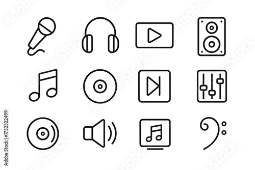 Minimalistic Music Center Line Icons Set, Editable Stroke Vector, Linear Pictograms for Apps, Banners, Cards, Posts, Music Symbols, Audio Equipment Illustration
