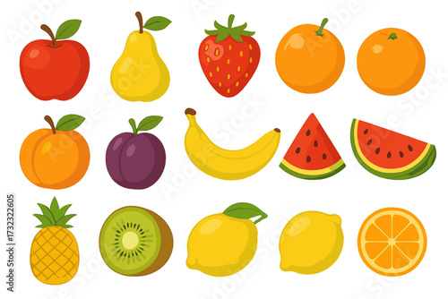Set of colorful summer fruits and berries vector collection with apple, pear, strawberry, orange, peach, plum, banana, watermelon, pineapple, kiwi, lemon bright fresh healthy food illustration