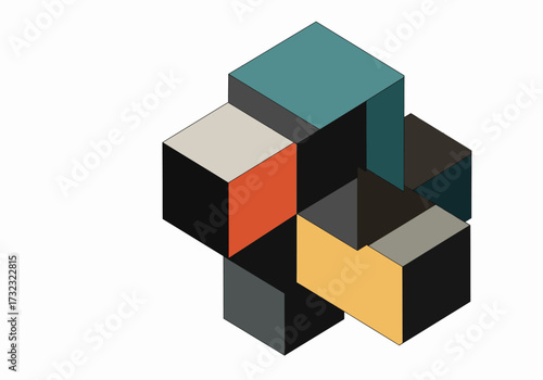 An arrangement of stacked differently colored isometric cubes on a white background