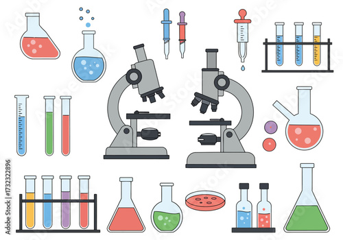Assorted science lab tools incl flasks microscopes droppers  test tubes depicted in a cartoonish flat vector style