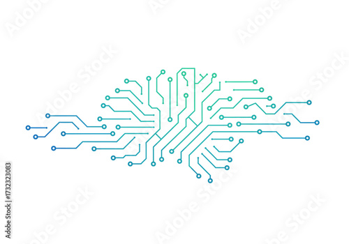 Circuit board design with branching interconnected lines and circular endpoints in greenblue gradient