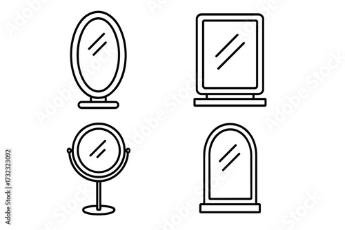 Mirror icon set. Thin line art collection of different mirror shapes. Simple vector outline symbols for beauty, vanity, and interior design. Reflection concept for furniture.